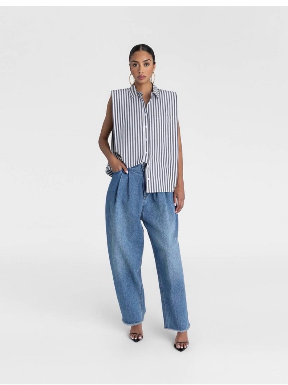 KBB by KAHLANA Women's Sleeveless 'The Shoulder Pad Shirt' - Blue/White Striped